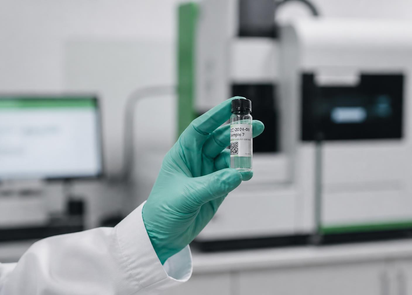 Analyst holding a quality control sample vial in a laboratory