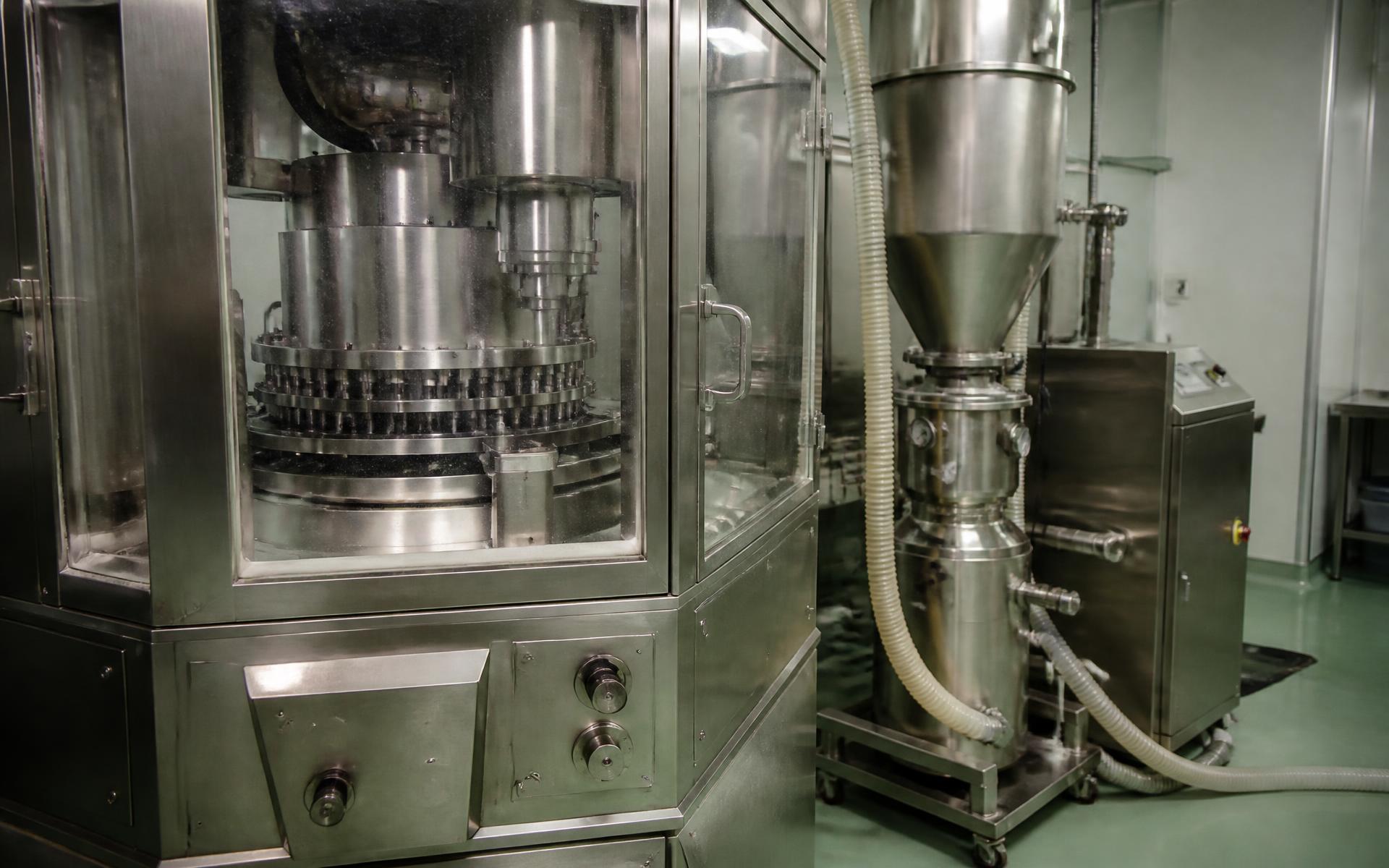 Pharmaceutical manufacturing cleanroom with precision tablet compression equipment